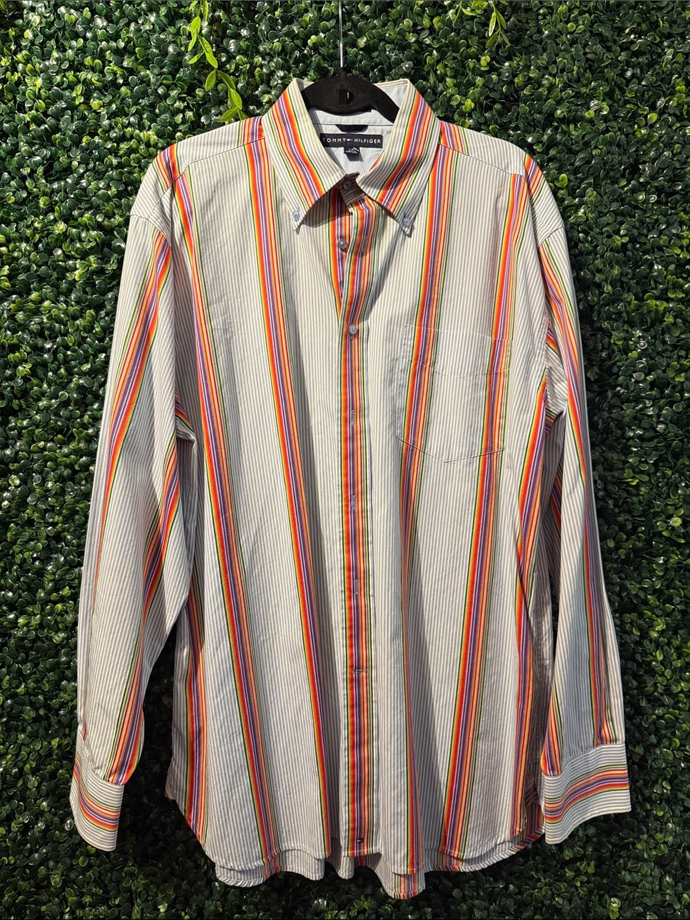 Tommy Hilfiger Cream Button-Down Shirt with Multicolor Vertical Stripes